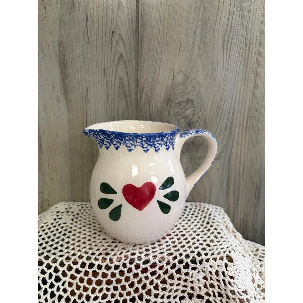Vintage Style Ceramic Heart Pitcher Blue Sponged Trim Decorative Farmhouse Jug